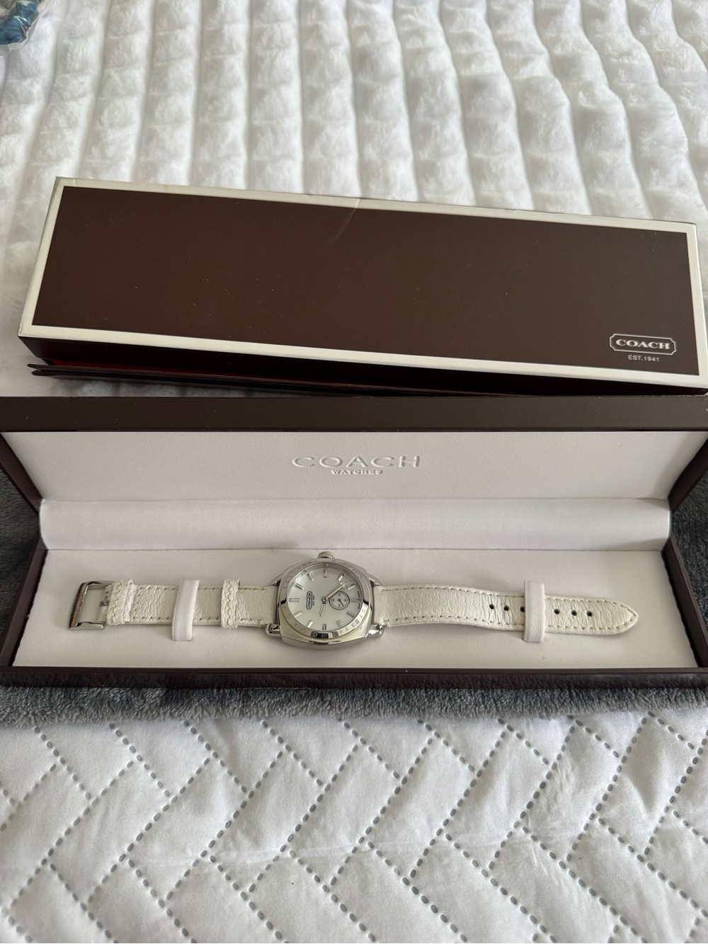 Coach White Leather Watch with Silver-Tone Case